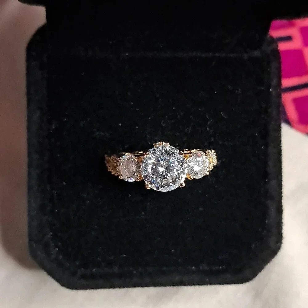 Genuine Moissanite Trilogy Ring In 14k YG Vermeil.